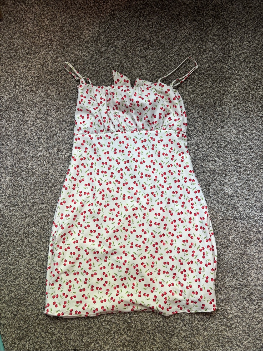 White Cherry Print Mini Dress with Spaghetti Straps